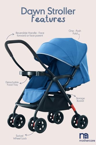 Image of Mothercare Baby Stroller Pram with Safety Harness and Swivel Wheel, Blue | Reclining seat for newborn to 3 years up to 15kg, 5-point harness, 360 swivel wheels, easy-fold, reversible handlebar