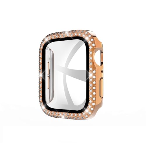 GANGANPRO 2 Pack Hard PC Case with Tempered Glass Screen Protector for Bling Apple Watch 1/2/3,Women Glitter Diamond Smartwatch Cover for iWatch 38mm Accessories - Rose Gold