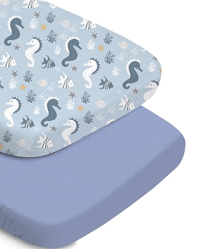 TotChill Bassinet Fitted Sheet for Baby, Buttery Soft and Stretchy, Compatible with Maxi COSI, Halo, and More, Seahorse+Blue, Cozy and Soft for Baby Boys and Girls