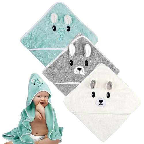 BORDEAG Cape de Bain Bébé: 3 Pièces Sortie de Bain Bébé, Serviette de Bain 80 x 80 cm, Serviette Naissance Coton, Poncho de Bain Bebe Doux Absorption...