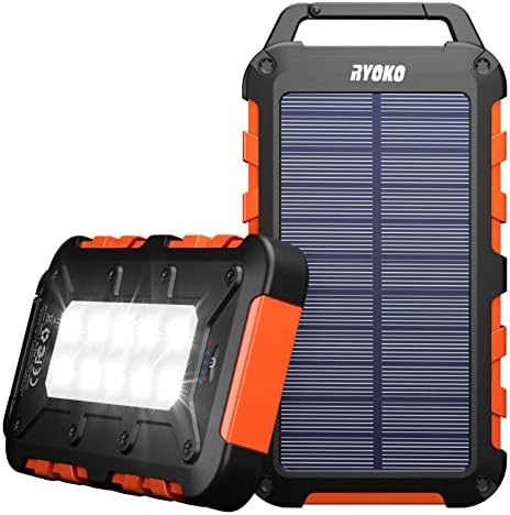 Ryoko Solar Charger Power Bank 20000mAh, Solar Phone Charger with Dual USB 5V Output, 10 LED Flashlights, Waterproof Outdoor Battery Pack for iPhone, Samsung, Switch, Tablet
