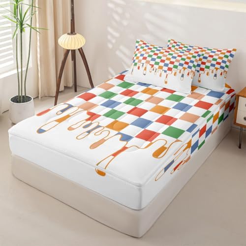 Image of Multi Checkered Complete Zip Up Bedding Set Full,4 Piece Checkerboard Drip Comforter Kit with Fitted Sheet & Pillowcases,Y2K Aesthetic Geometric All Season Bed in a Bag for Boys Girls Bedroom