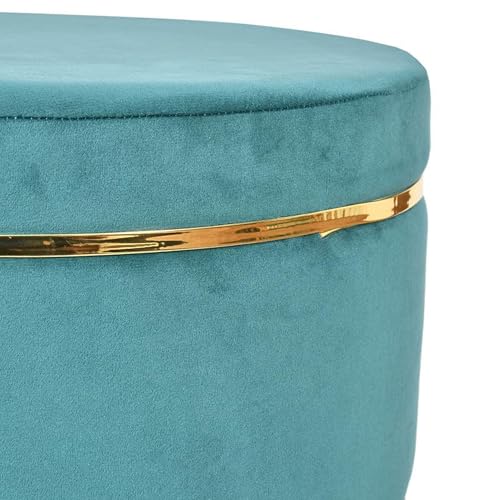 Image of Velvet Round Footrest Ottoman with Golden Accent - Soft Padded Stool for Living Room, Bedroom & Dressing Area (Aqua)