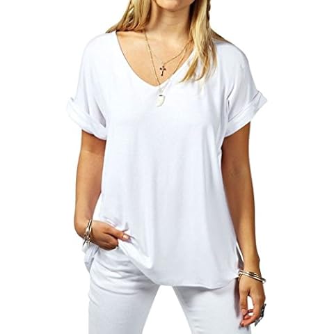 New Ladies Women V Neck Turn Up Short Sleeve Baggy T-Shirt Top Plus Size UK 8-26 (XXL 20/22, White) Cover