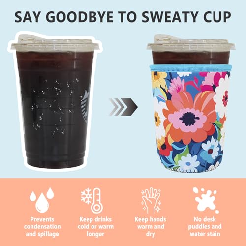 Image of 3 Pack Reusable Iced Coffee Sleeves - Xumbtvs Insulator Sleeve for Cold Beverages, Neoprene Coffee Cup Holder (Floral 03)