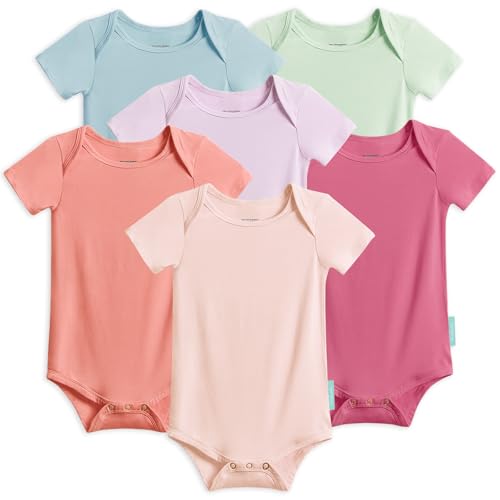 PurComfy Supersoft Short Sleeve Baby Bodysuits, Premium Bamboo Rayon Bodysuit Unisex Boy Girl Rainbow Gem Pinks 12-18 Months