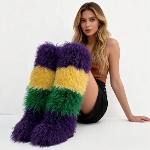 Image of Black Thigh High Fur Boots, Over the Knee Fluffy High Boots, Tall Furry shoes for Women