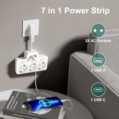 LEHOTPIA Steckdosenleiste mit USB, 3 Fach Mehrfachsteckdose Mit Einzelschalte Mehrfachsteckdose Mit 3 USB & 1 Type-C (5V 2,1A) für Küche Wohnzimmer Schlafzimmer(schwarz) 3