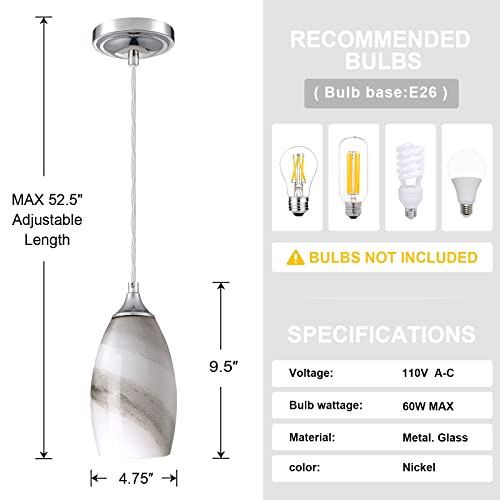 Leading Lighting Adjustable Cord 1 Light 3 Pack Indoor Mini Hanging Kitchen Island Pendant Lamps,Polished Nickel Finish With Handcrafted Marble Art Glass Chandelier Shade For Bar, Dining Room #TOP3