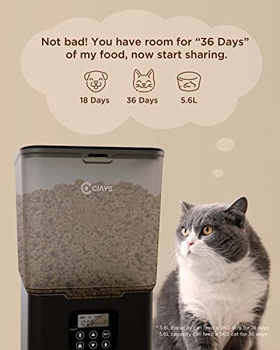 Ciays Automatic Cat Feeders, 5.6L Cat Food Dispenser Up To 20 Portions Control 4 Meals Per Day, Pet Dry Food Dispenser For Small Medium Cats Dogs, Dual Power Supply & Voice Recorder, Black #TOP5