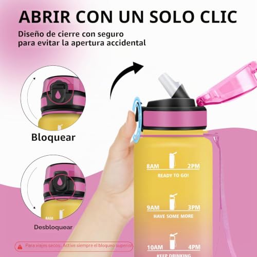 Miniatura 4 de Botella Agua Gimnasio, A Prueba de Fugas Botella Agua 1 litro, Diseño de Cerradura, Cantimplora con Pajita, Cantimplora con Marcador de Tiempo para Colegio, Hogar, Exterior