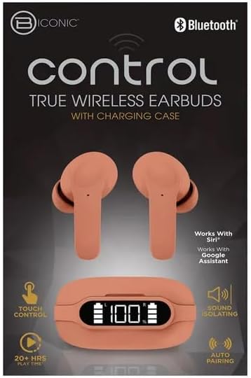 BYTECH BICONIC True Wireless Earbuds packaging showing features like touch control, sound isolating, 20+ hours play time, and auto pairing.