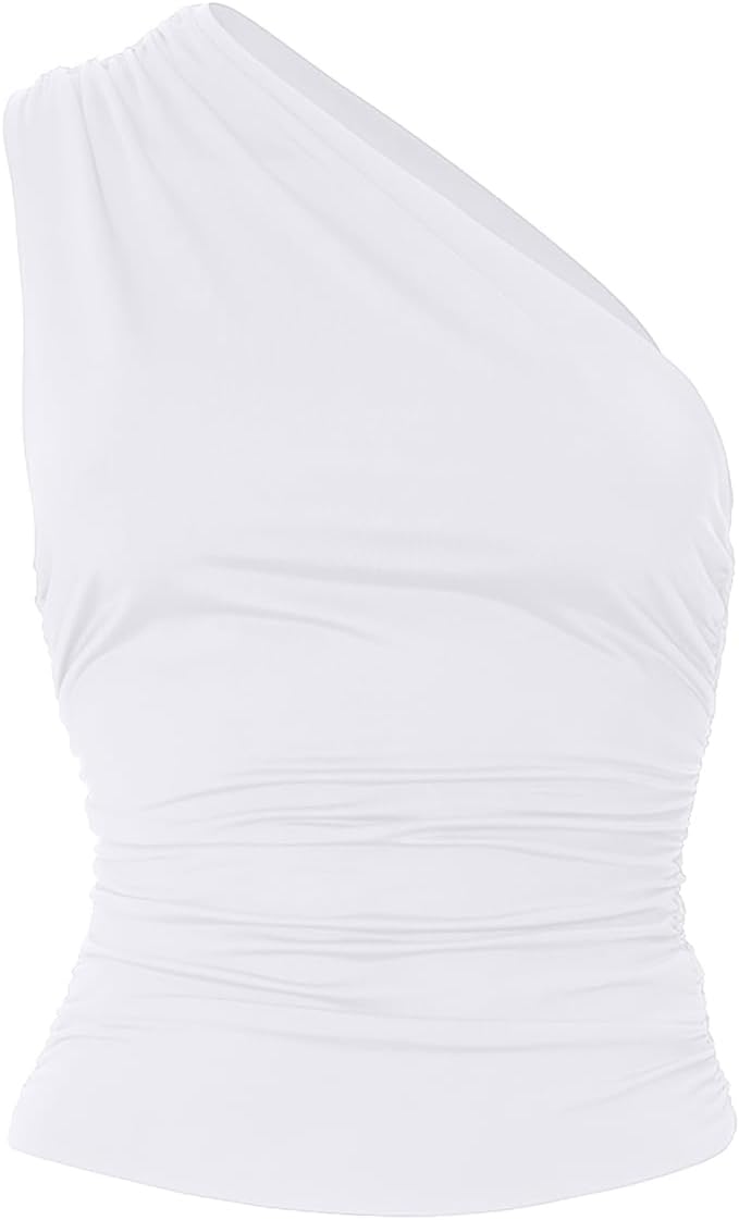 Women's One Shoulder Tank Top Sleeveless Ruched Slim Fit Y2K Basic Going Out Crop Tops - Image 7