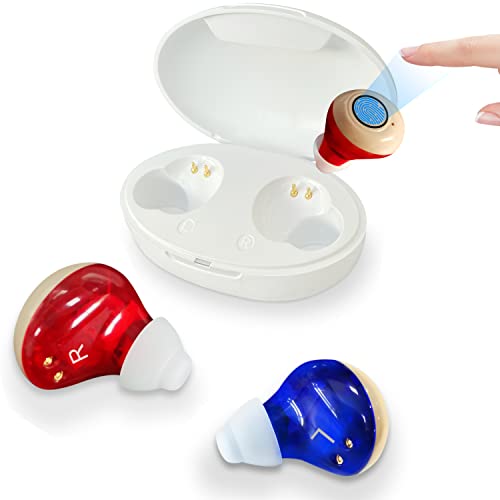 Rechargeable Hearing Amplifier Nano hearing aids for seniors Mini Invisible Hearing Aid Sound Amplifier With Noise Cancelling Sound Adjustable Sound Amplifiers Blue & Red Pair With Portable Charging Case
