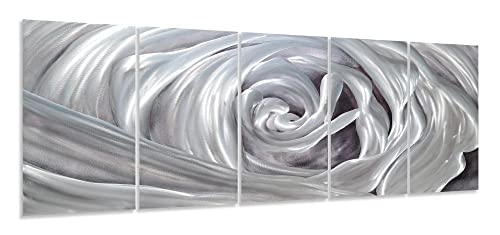 Yihui Arts Hand Crafted 5 Piece Metal Wall Art - Huge 3D Aluminum Silver Rose Artwork