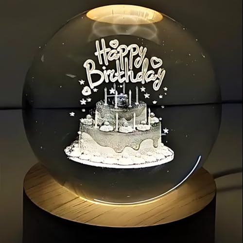 Image of 3D Crystal Ball Night Light with Wooden Base, Aesthetic Clear LED Lamp for Home and Bedroom Touch Switch, Warm Light for Kids and Teens Perfect Birthday & Anniversary (Happy Birthday)