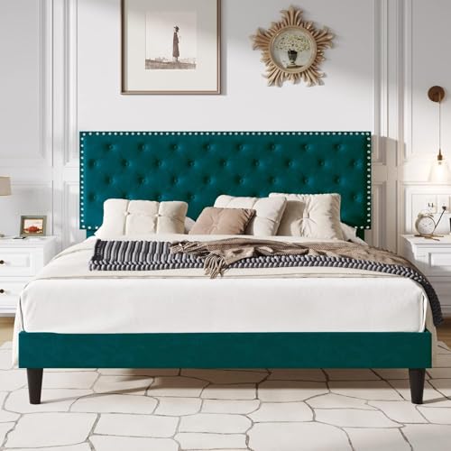 Image of Julius Upholstered Bed Queen Size Without Storage Solid Sheesham Wood | Modern Premium Fabric Upholstery Cushion Headboard | Queen Bed for Bedroom Wooden Double Bed Cot 78x60 Inch Queen