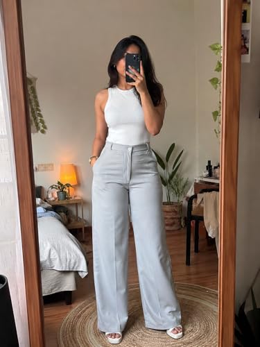 Image of Korean Pants for Woman | High Waist Wide Leg Trouser | Formal Office Casual Wear | Zero See-Through Semi-Stretchable Fabric