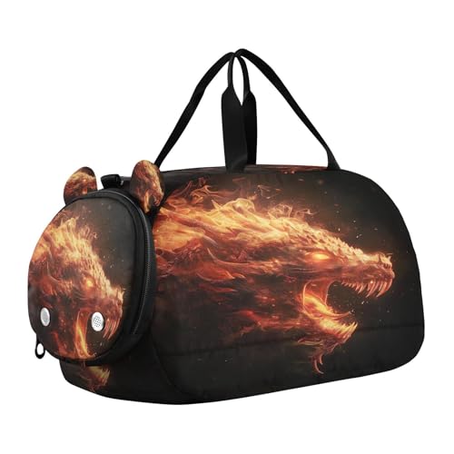 YETTASBIN Sport Travel Duffel Bag for Girls Boys, Fire Dragon Large Waterproof Weekender Overnight Bag, Detachable Shoulder Strap Gym Bag with Shoe Compartment & Wet Pocket