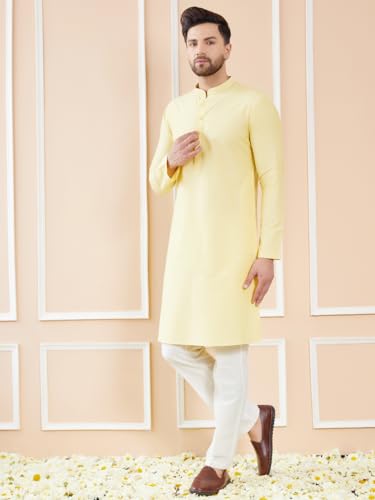 Image of See Designs Men Full Sleeve Sleeve Side Slit Mandarin Collar Cotton Solid Straight Kurta with Pyjama