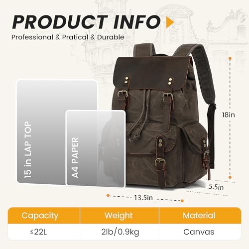 Image of HuaChen Vintage Waxed Canvas Backpack with Genuine Leather Flap, Travel & Work Rucksack, Water-Resistant Daypack with Anti-Theft Pocket, Large /X-Large (15.6 /17.3 inch Laptop), M80 Grey