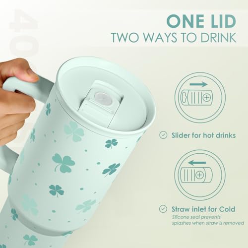 Image of 40oz Shamrock Tumbler with Handle and Straw - Insulated Stainless Steel Coffee Travel Mug, Christmas St. Patrick's Day Irish Gifts