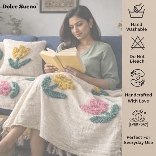 Image of Boho Cotton Woven Throw Blanket with Floral Tufted Design, All Season Decorative Blanket for Bed and Sofa, Cream with Fringe, 163x142 cm