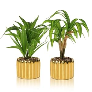 Vnezakl 2 Pcs Artificial Dracaena Plant Golden Ceramic Pot Realistic Textured Faux Plants for Indoor Outdoor Fake Greenery Home Office Decor with Lifelike Foliage