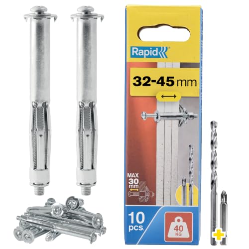 Rapid Hollow Wall Anchors Pack of 10 Heavy Duty Metal Plasterboard Fixings for 32-45 mm Wall Thickness 40 kg Load Cavity Wall Fixings Wall Plugs Plasterboard & Chipboard Plugs (5001552)