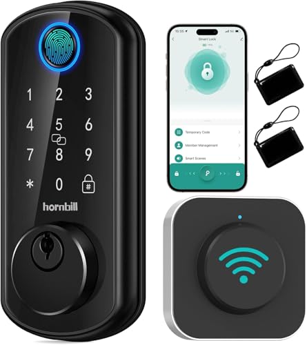 WiFi Smart Front Door Lock: Hornbill Keyless Entry Fingerprint Deadbolt - Alexa Bluetooth Electronic Keypad Door Locks for House Apartment Auto Lock APP Remote Control Black