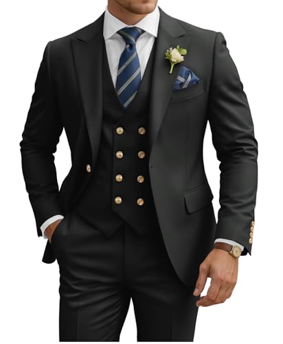 TIJOFA 3 Piece Suit Men Wedding Slim Fit Black Double Breasted Suit Men Big and Tall Suits Groom Solid Classic Formal Business Prom Tuxedo Suits Casual Jacket Vest Pants 4XL