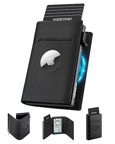 YESIIW Airtag Wallet for Men Compatible With Apple AirTag, RFID Blocking Leather Smart Wallet Air Tag Wallets, Pop Up Card Holder with Money Clip and ID Window Black