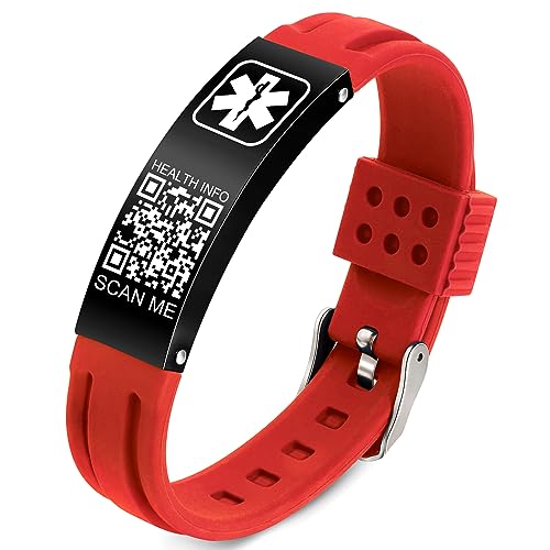 Theluckytag Medizinisches Armband mit QR-Code-Notfall-ID, aus Silikon, wasserdicht, passt bis 22,9 cm Handgelenk, Notfallinfo, mehr Platz, für Sport, Jungen/Mädchen/Damen/Herren, 9'', Silikon, Kein