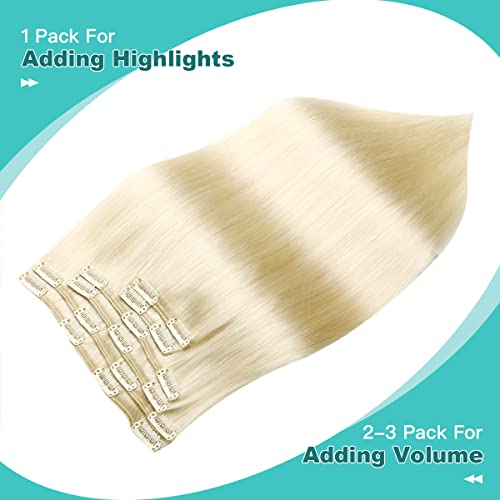 SURNEL Human Hair Clip in Extensions Blonde Clip in Hair Extensions 22 Inch Color 60 Platinum Blonde Long Straight Hair 6 Pieces Clips Hair Extensions for Thin Hair 120g (C#60 - Image 3