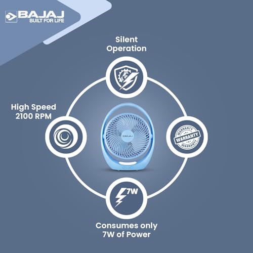 Image of Bajaj Pygmy Go 178MM Mini Fan with LED Lighting | Rechargeable | USB Charging | 4-hours Battery Backup | 3 Speed | 2-Light Brightness Setting | High Speed | Portable【Blue】