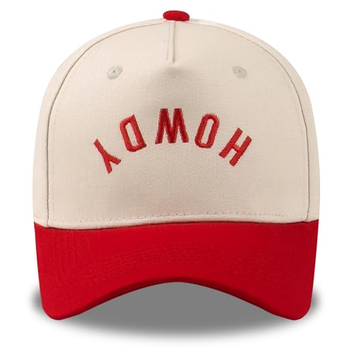 DYBICKT Funny Howdy Embroidered Trucker Hat Vintage Two-Tone Cotton Baseball Cap for Men Women Adjustable Western Style Gift Hat Red/Beige