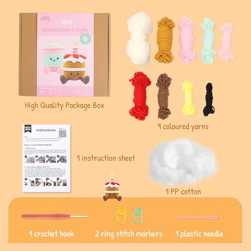 Image of HOUSE CREATIVITY Crochet Kit for Beginners - Create a Cute Cake & Coffee Scene, Amigurumi Crochet Starter Kit with Video Tutorial, Yarn & Hook, DIY Dessert Desk Decor for Coffee Lovers