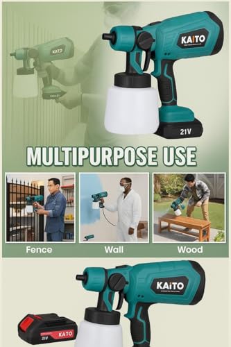 Image of KAITO 21V Cordless Paint Sprayer | 800W HVAC Spray Gun with ABS Plastic Body & 1000ml Container | Includes 2 x 2.5Ah Lithium-Ion Batteries & Charger | for Walls, Doors & Furniture Green-Black