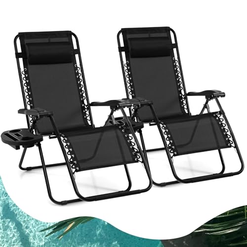 Goplus 2PC Zero Gravity Chairs Lounge Patio Folding Recliner Outdoor Yard Beach with Cup Holder (Black)