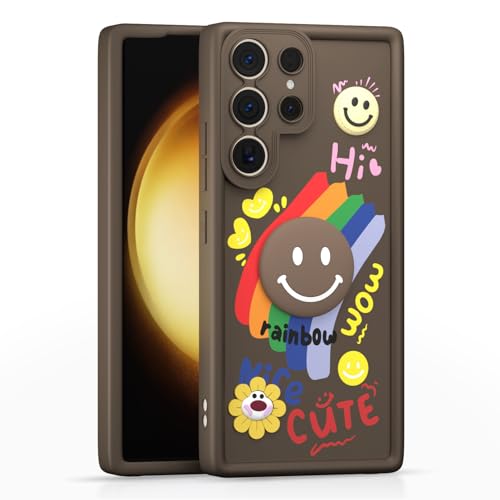 Image of Pikkme Back Cover for Samsung Galaxy S23 Ultra 5G | Soft Silicone| Cute Rainbow Smile & 3D Cartoon Flower Design | Shockproof Raised Camera Protection Bumper Case (Brown)
