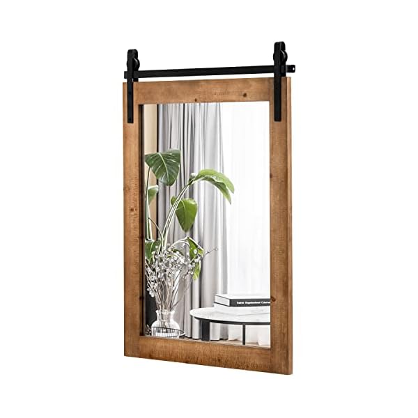 Tangkula Farmhouse Wall Mirror, Rustic Horizontal Hanging Bathroom Mirror with Wood Frame and Metal Bracket, Wall Mounted Barn Door Style Decor Mirror for Living Room Bathroom, 22 x 30 Inch