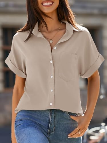 Beautife Womens Short Sleeve Shirts V Neck Collared Button Down Shirt Tops with Pockets