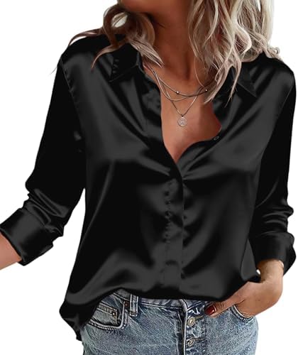 Zeagoo Satin Bluse Damen V-Ausschnitt Seidenbluse Langarm Elegant Bluse | Lässige Satinblusen für Damen | Business Oberteil | Solide Satin Shirt | Button Down Silk Blouse | Seide H