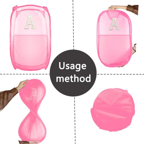 Image of Collapsible Pop Up Laundry Hamper, Extra Large with Removable Initial Letter A, Mesh Foldable Laundry Basket, 28 inch x 16 inch x 16 inch (Pink)