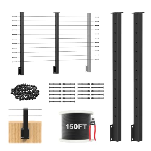 Image of 36 inch Side Mount Cable Railing Post Kits Include 2Pack Flat Top Level Drilled Cable Posts, 150FT Wire Rope, Black Fascia Mount Cable Railing System, 1 /8 inch Stainless Steel Wire Railing Kits, RG71