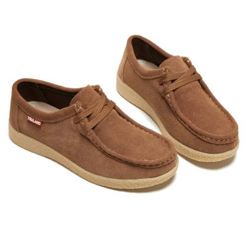 Image of TRULAND Leather Oxford Shoes for Women - Suede Lace Up Moc Toe Low Platform Flat Wallabees Shoes