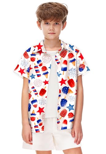 Image of Remimi Unisex Kids 4th of July Button Up Shirt Boys American Flag Print Hawaiian Beach Short Sleeve Tops 5-14 Years