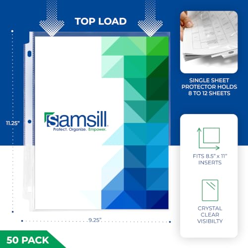 Image of Samsill 50 Pack Heavy Duty Sheet Protectors, Crystal Clear, 8.5x11 Inch Page Protectors for 3 Ring Binder, Letter Size Protectors with Reinforced Holes, Clear Protector, Top Loading, Acid Free