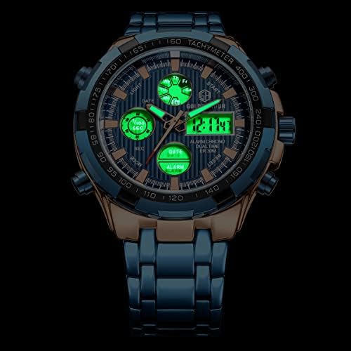 GOLDEN HOUR Luxury Stainless Steel Analog Digital Watches for Men Male Outdoor Sport Waterproof Big Heavy Wristwatch