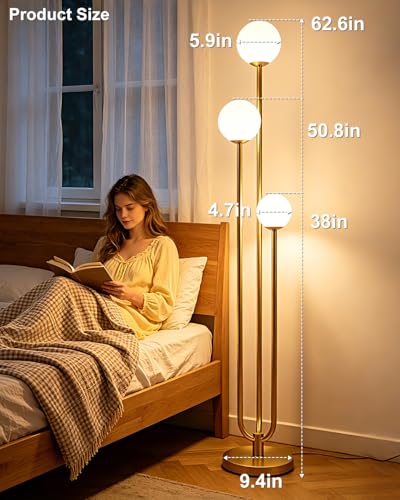 Image of 63IN 3-Light Globe Floor Lamp Dimmable Gold Tall Standing Lamps with 3000K G9 Bulbs for Reading, Mid Century Modern Unique U-Shaped Tree Floor Lamp for Living Room Bedroom Home Office Decor